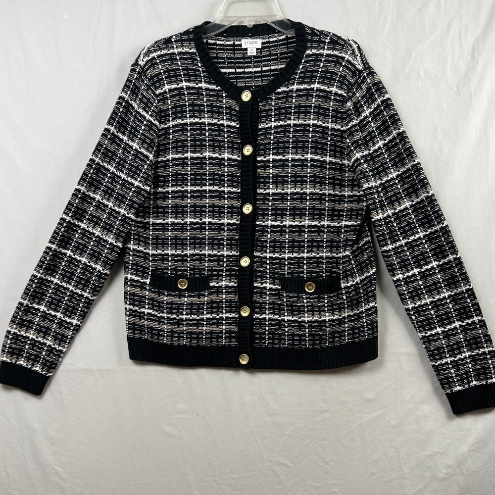 J.Crew Cardigan Sweater Women Large Black White Plaid Tweed Gold Button Knit